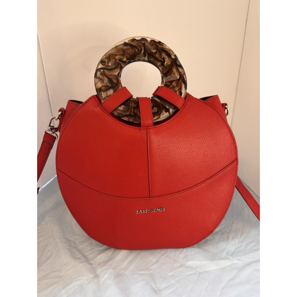 Vintage RED LEATHER PURSE Crossbody SASSY JONES ACRYLIC RING HANDLES Retro Glam